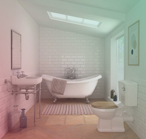 An image of a white tiled bathroom, with a rolltop bath and white porcelain sink