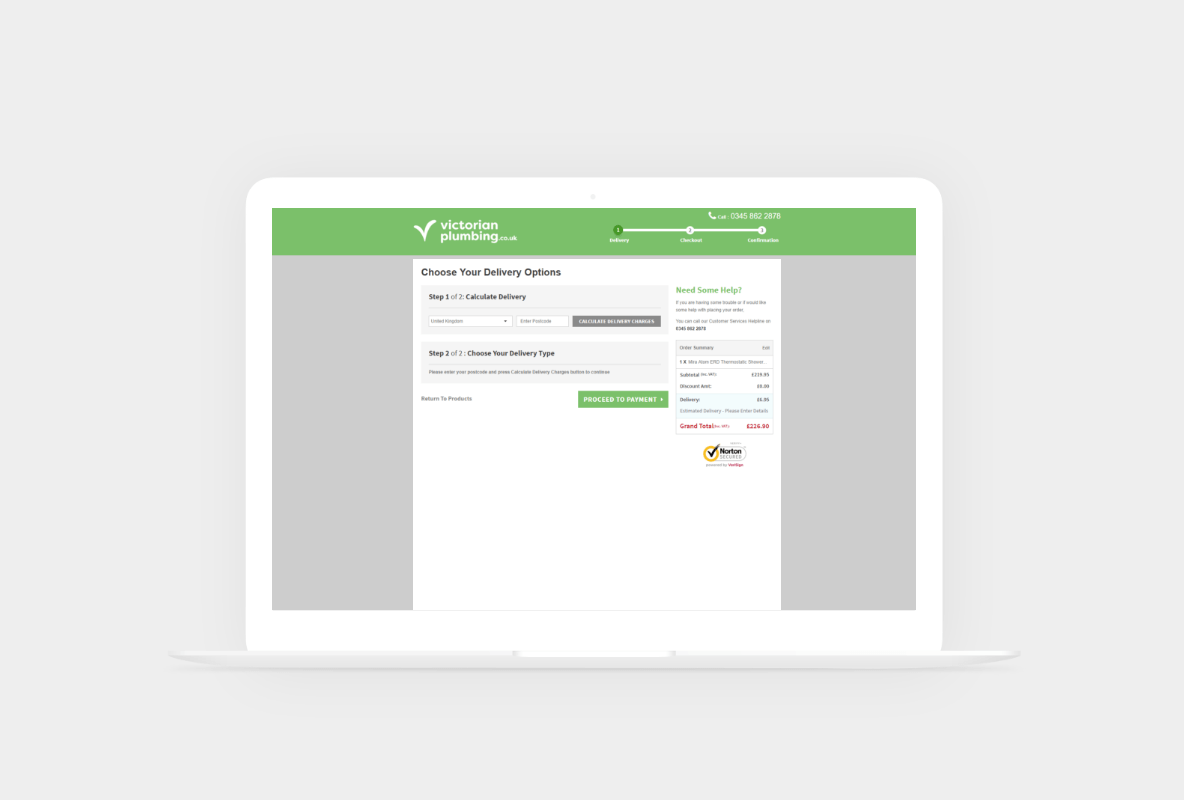 An image of Victorian Plumbing's checkout page which utilises Postcoder